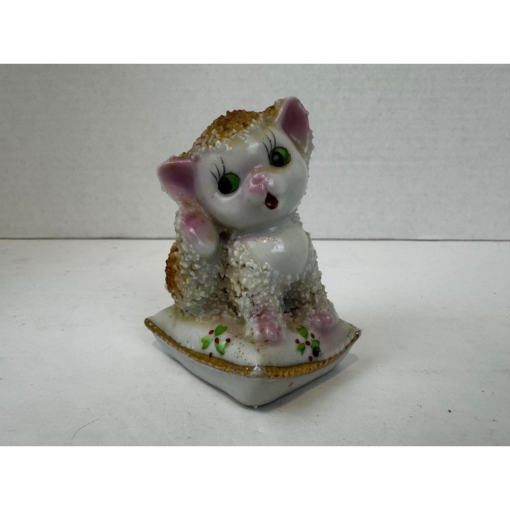 VTG Spaghetti Porcelain Cat Salt Shaker‎ Figurine on Pillow Japan Mid Century